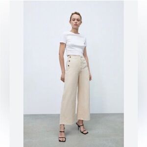 ZARA CRÈME HIGH WAISTED CROPPED WIDE LEG BARREL JEANS